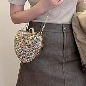Neiman Marcus Multicolor Rhinestone Heart Shape Clutch Purse